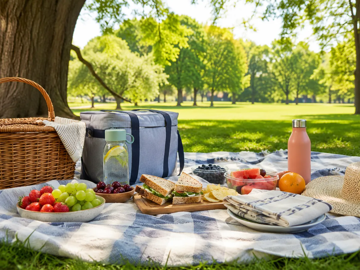 Picnic setup in a sunny park with a blanket, cooler, fruit, sandwiches, water bottle, and summer food storage essentials.