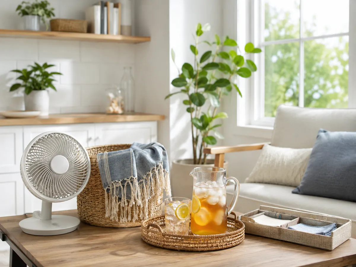 Summer home comfort setup with a desk fan, iced drink, folded throw, basket storage, and light home organization.