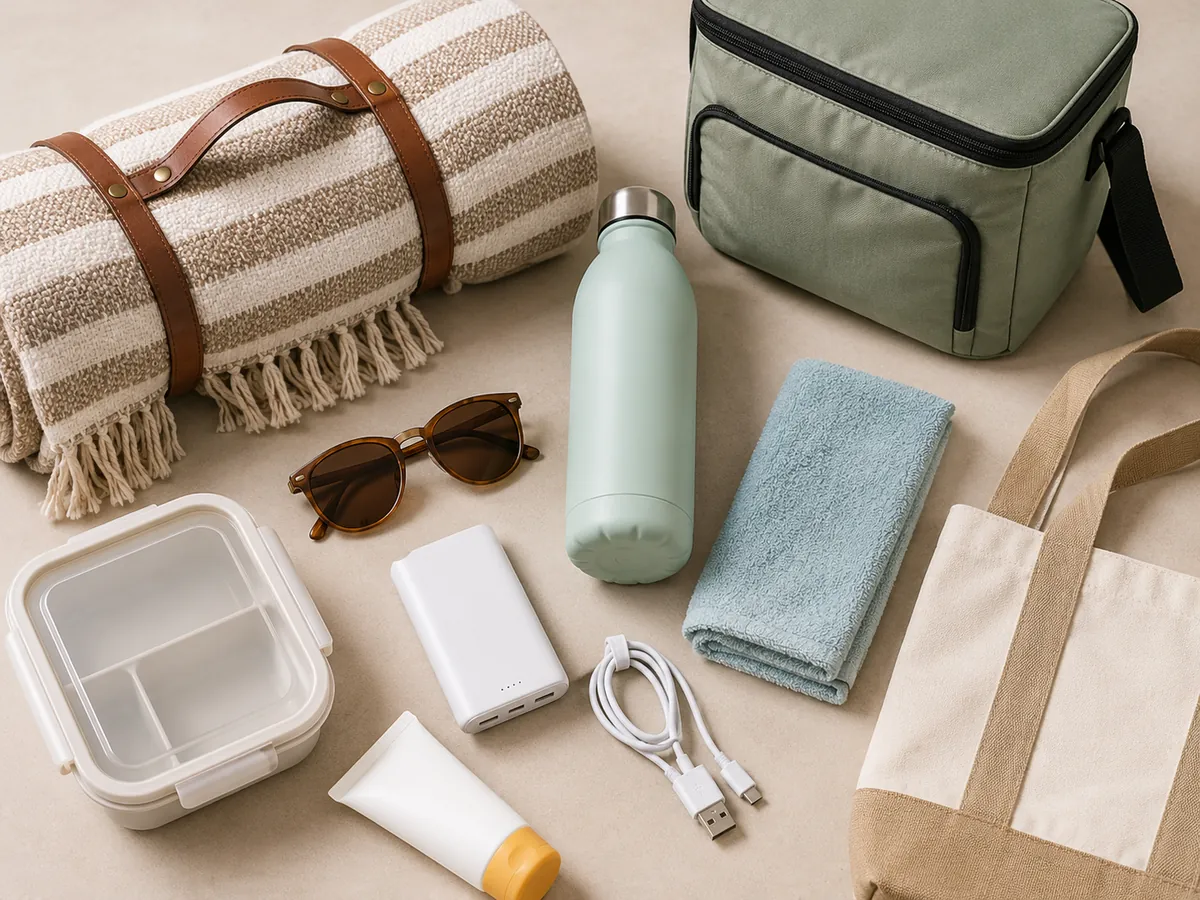 Reusable summer essentials including a cooler bag, picnic blanket, water bottle, towel, tote, power bank, cable, sunglasses, sunscreen, and food container.