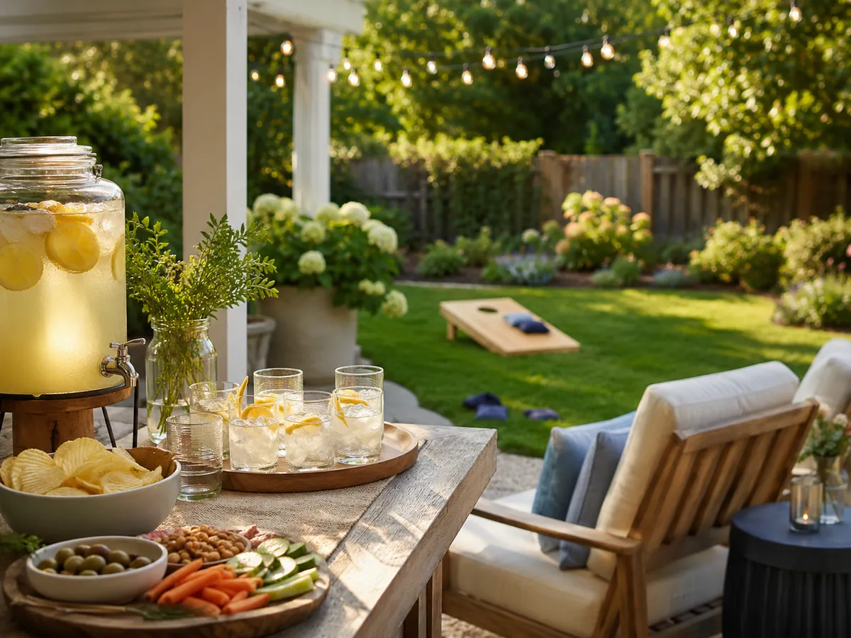 Backyard summer hosting setup with drinks, snacks, outdoor seating, string lights, and a lawn game.