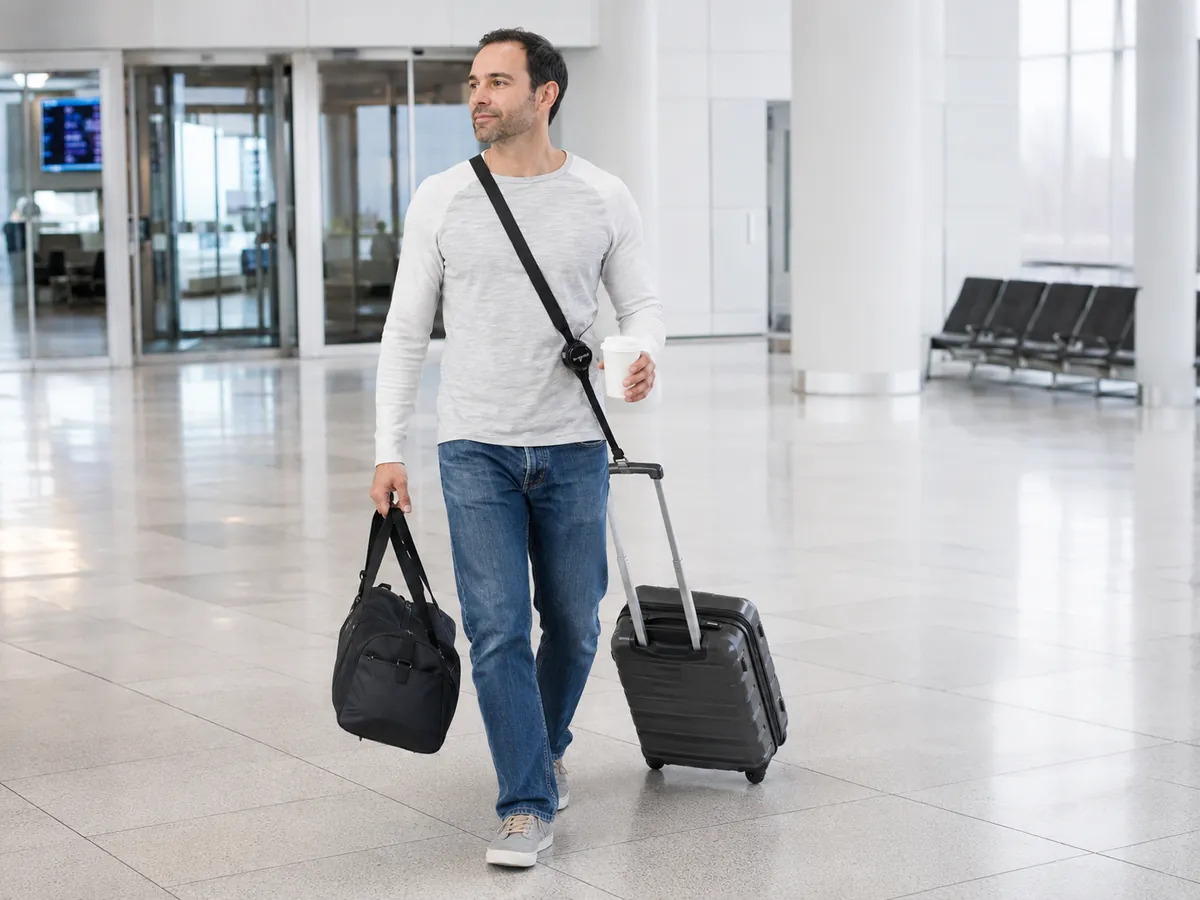 Traveler walking through a bright airport with RetraStrap connected to a rolling carry-on while holding a coffee and travel bag.