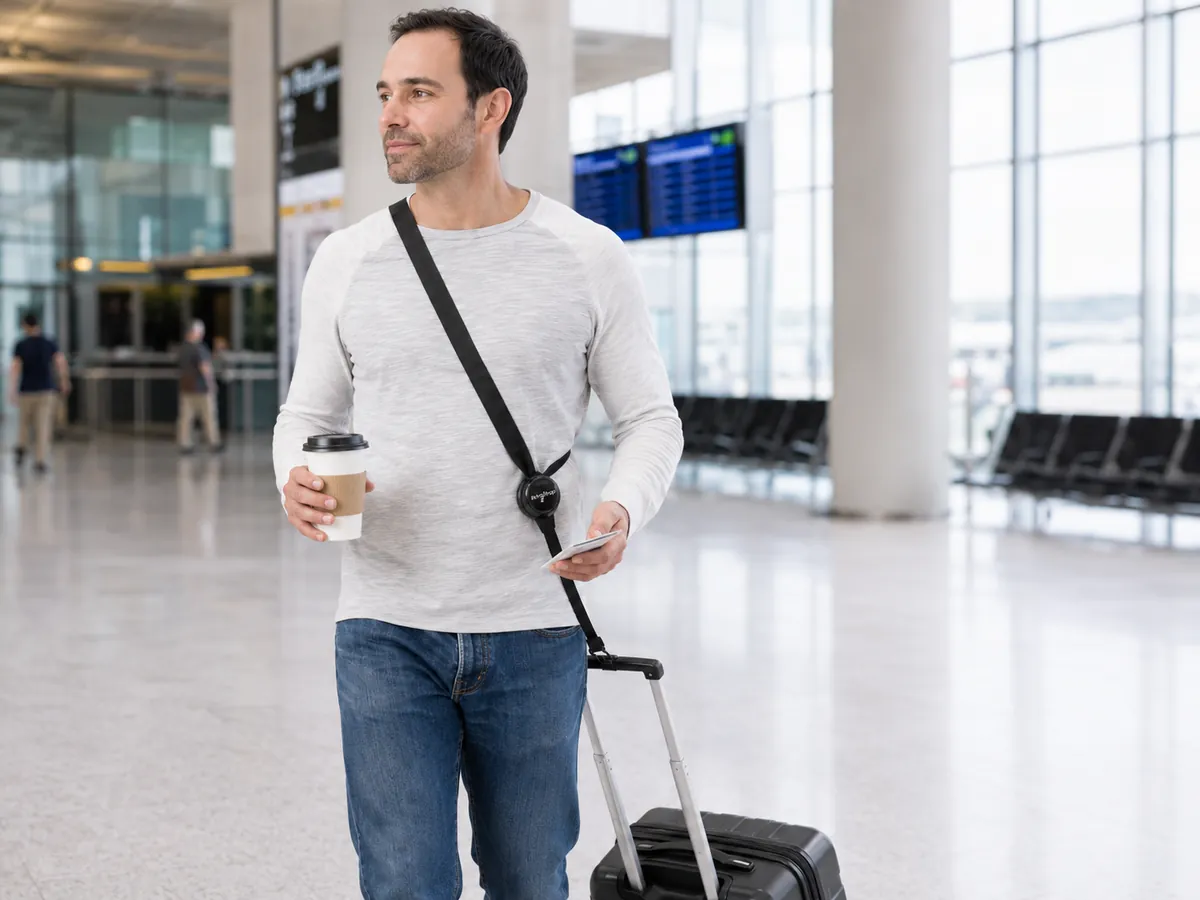 Traveler using a black RetraStrap luggage strap in an airport terminal while keeping hands free for a coffee and phone.