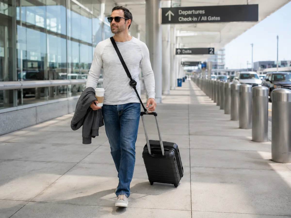 Traveler walking outside an airport pickup area with a carry-on pulled by RetraStrap while carrying a jacket and coffee.