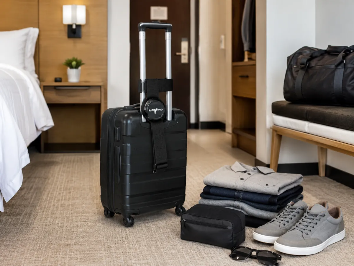 Weekend packing setup in a hotel room with a carry-on suitcase, RetraStrap, folded clothes, shoes, toiletry pouch, sunglasses, and travel essentials.