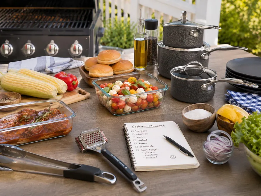 Cookout checklist with grilling tools, cookware, ingredients, and summer meal prep items on an outdoor table