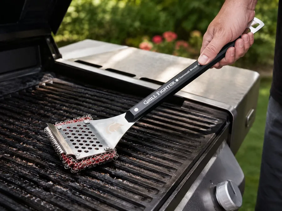 GrillFighter-style chainmail grill brush resting naturally beside a backyard grill before a summer cookout