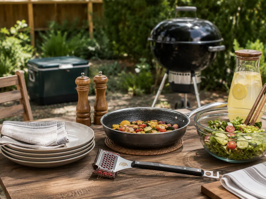 Reusable plates, salad bowl, lemonade, and serving pieces arranged for a simple summer backyard cookout