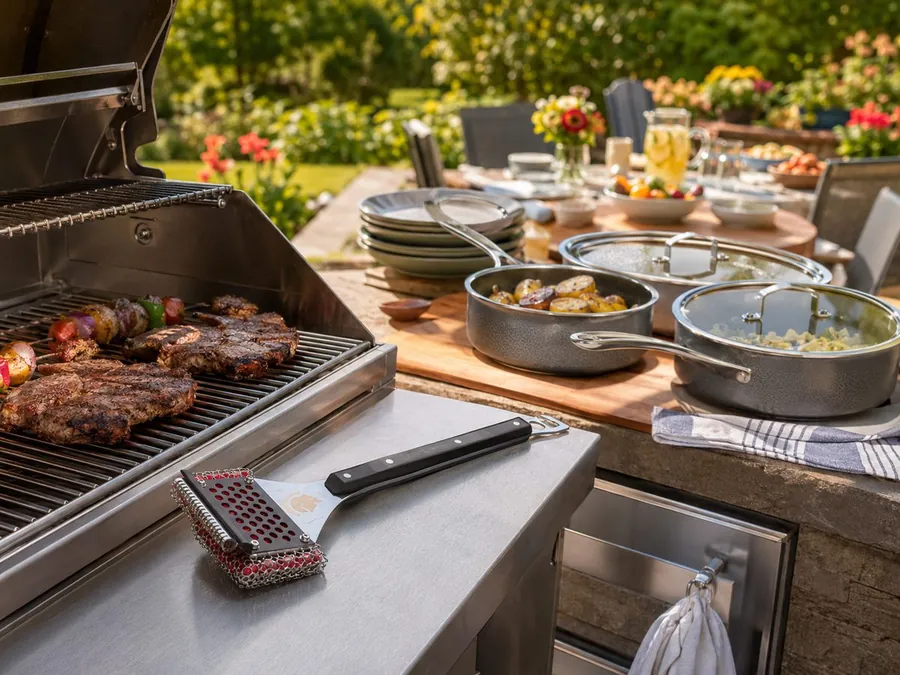 Reusable summer cookout essentials with grill brush, cookware, salad, plates, and drinks on an outdoor table