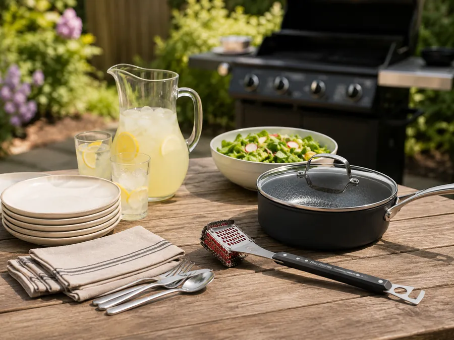 Minimal backyard cookout setup with reusable plates, lemonade, napkins, and simple serving items on an outdoor table