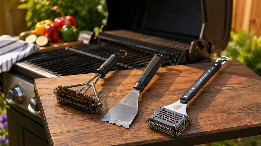 Grill brush, scraper, and bristle-free BBQ cleaning tool placed on a backyard grill side table