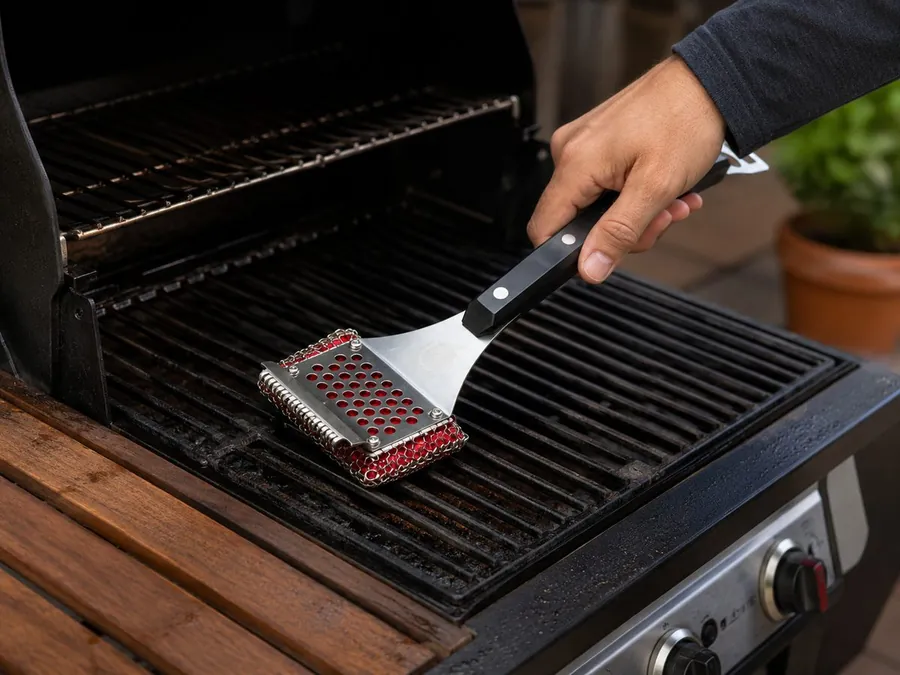 Bristle-free chainmail-style grill cleaner being used on BBQ grates