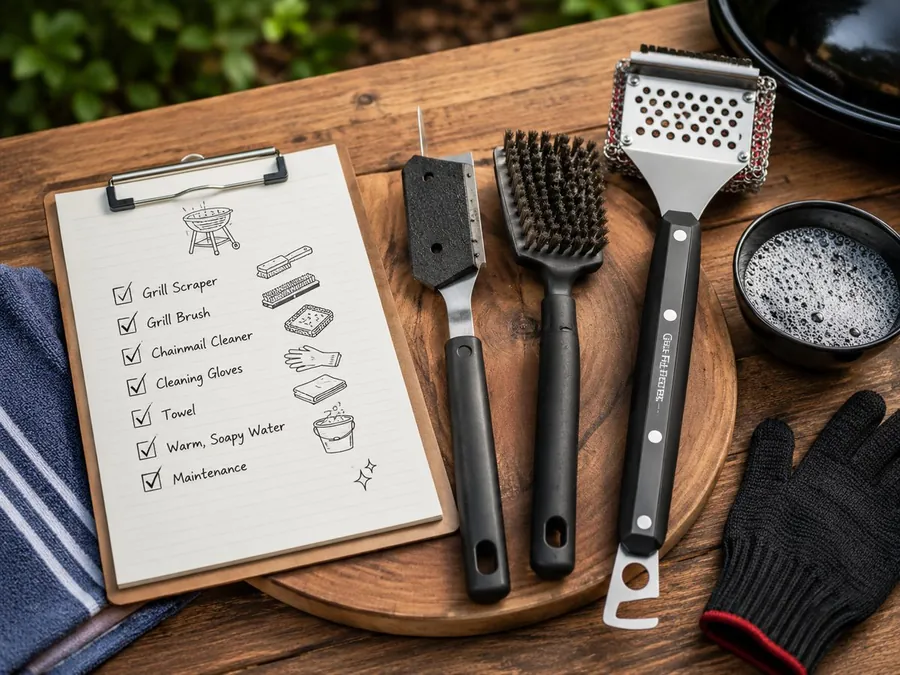 BBQ cleaning checklist with grill brush, scraper, gloves, towel, and cleaning tools on a wooden table