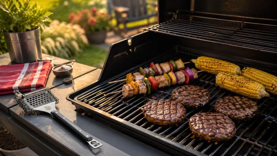 Clean BBQ grill ready for a summer cookout with grilled food and a bristle-free cleaning tool resting on the side shelf