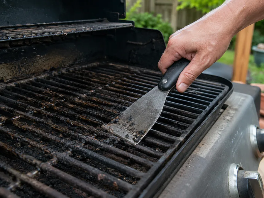 Flat metal grill scraper removing stuck-on residue from BBQ grill grates