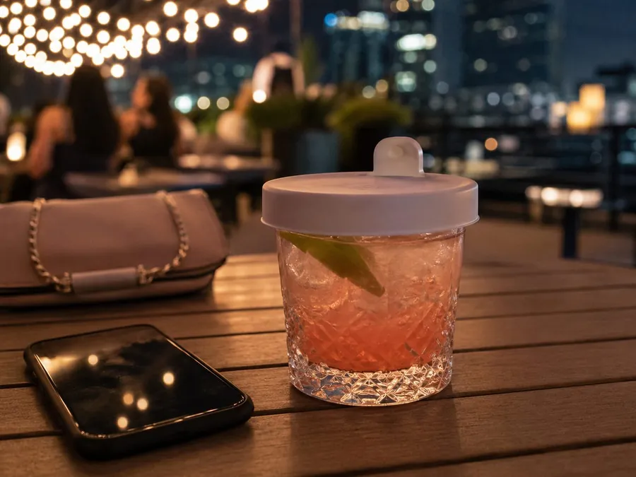 Friends sitting at a rooftop bar on a summer night with drinks on the table and city lights in the background.