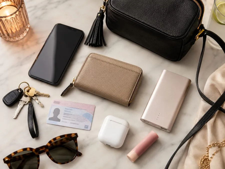 Night out essentials with phone, ID, compact wallet, keys, small bag, and portable charger on a table.