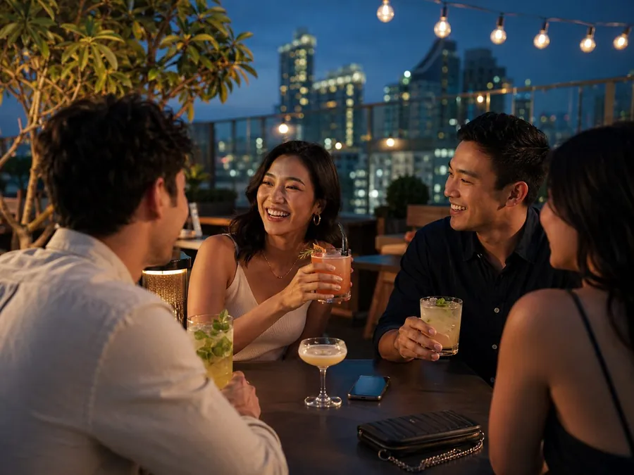 A covered drink on a rooftop bar table showing a practical drink safety accessory during a summer night out.