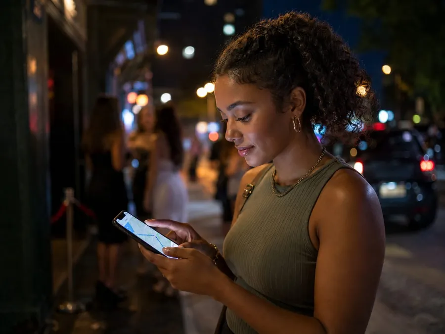A person checking ride home details on a phone after a summer night out.