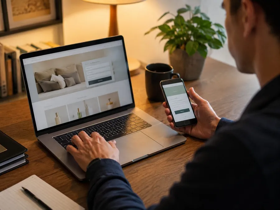 A shopper checking a coupon source across a laptop and phone before deciding whether the code is reliable.