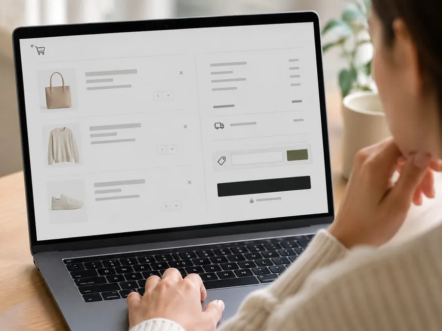 Online shopping cart with a promo code field, product items, and checkout requirements on a laptop screen.