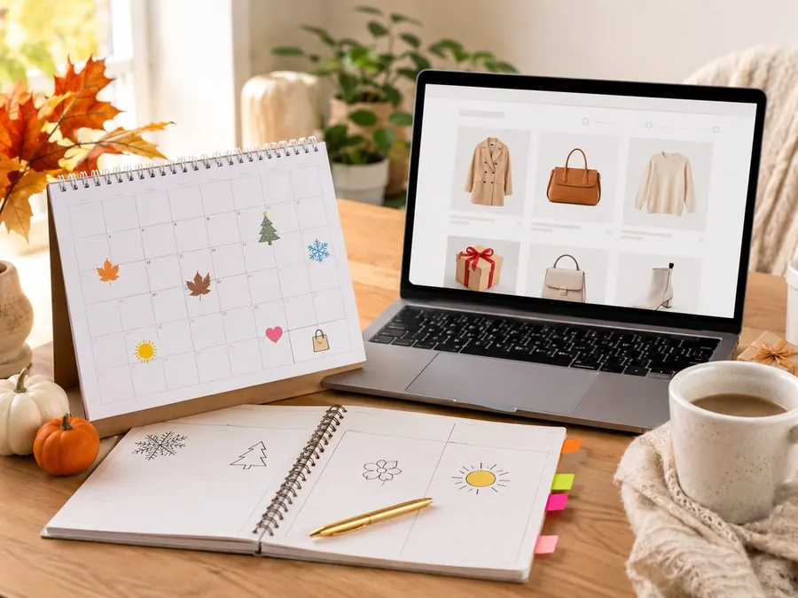 A seasonal shopping calendar beside a laptop showing online products for planning when to try coupon codes.