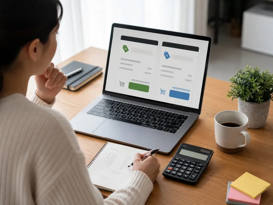 A shopper comparing final prices with a calculator and notebook before choosing which coupon offer saves more.