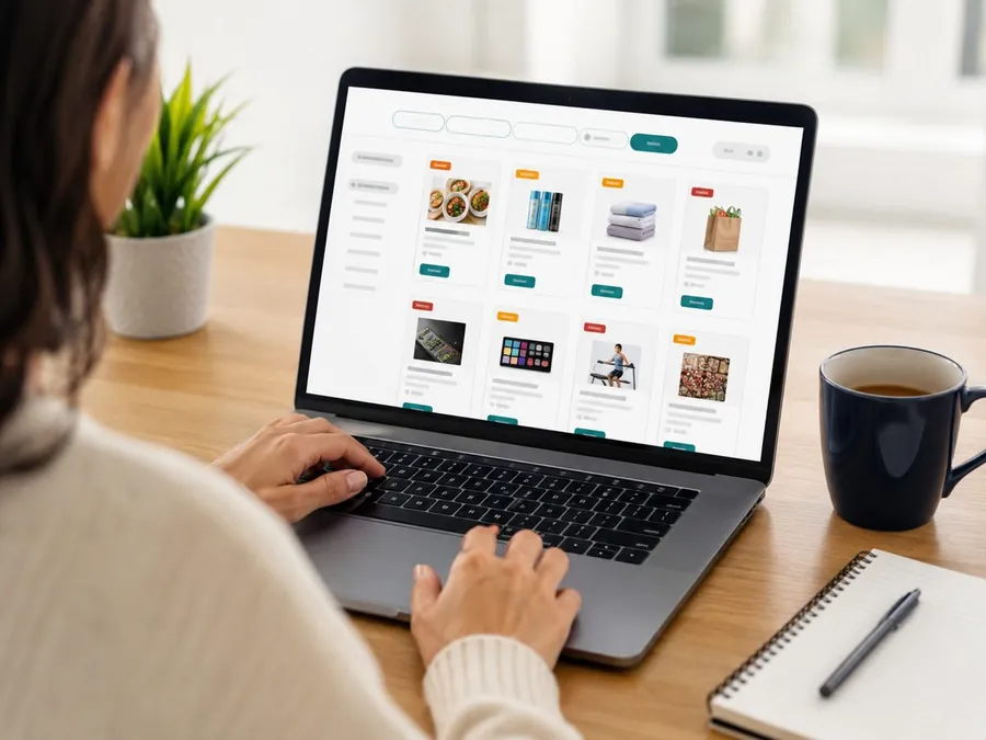 A shopper browsing a coupon and deals page on a laptop to filter offers before trying a promo code.