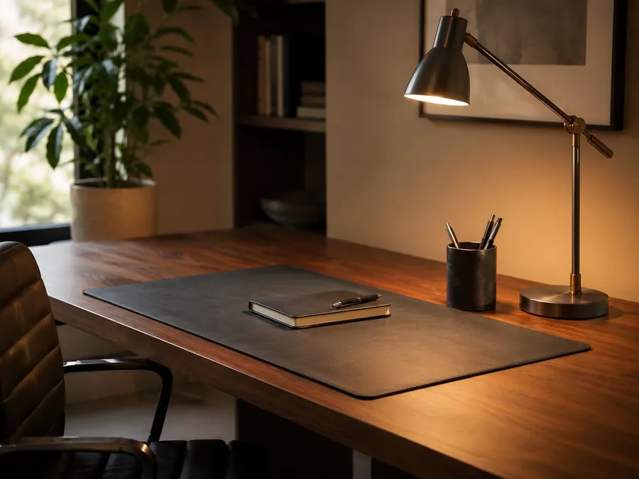 A Father’s Day desk gift setup with a notebook, pen holder, leather tray, and wrapped gift on a warm wooden desk.
