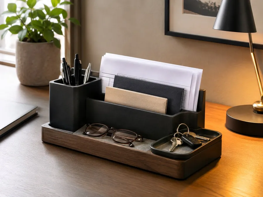 A tidy desk organizer holding papers, pens, keys, glasses, and small everyday items on a wooden desk.