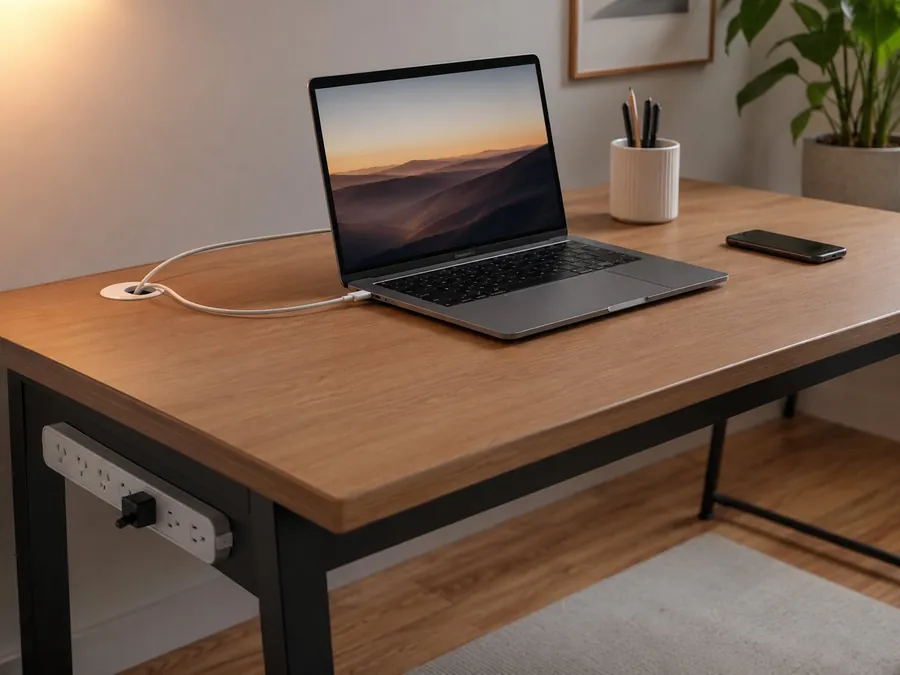 A minimal desk cable management setup with a laptop, phone, cable grommet, and power strip mounted under the desk.