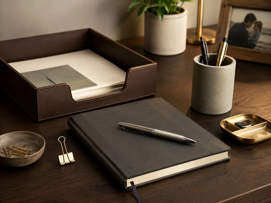 A calm minimal desk setup with a desk mat, notebook, pen holder, tray, lamp, and warm wooden surface.