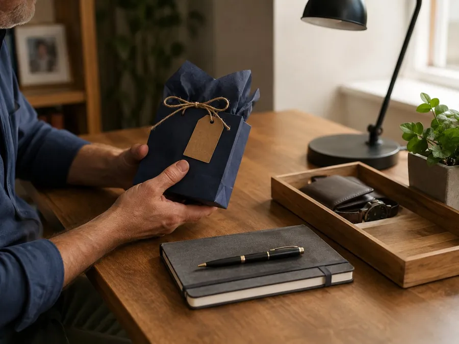 A simple Father’s Day desk gift with a wrapped package, notebook, pen, and organized tray on a warm wooden desk.