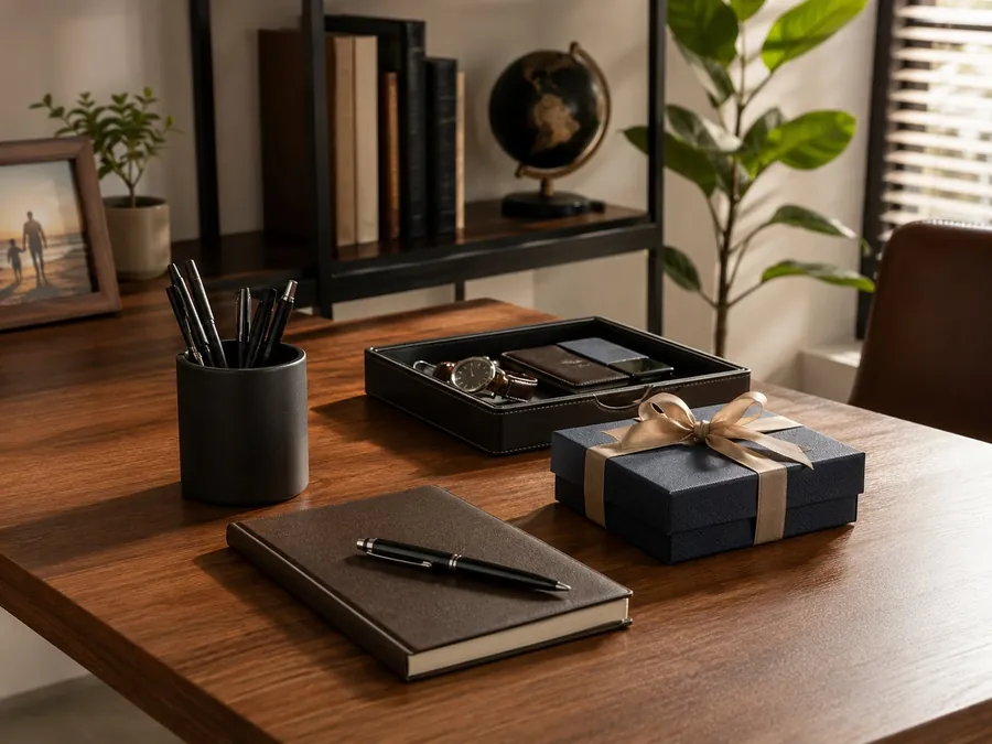 Stationery-style desk gifts with a notebook, pen, paper tray, pen cup, and small office accessories on a warm desk.