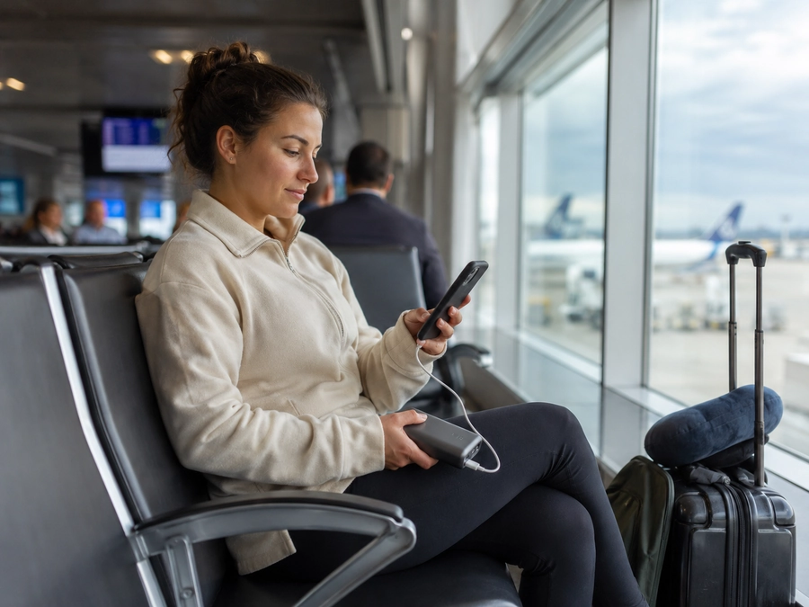 Traveler charging a smartphone with a portable charger while waiting at an airport gate