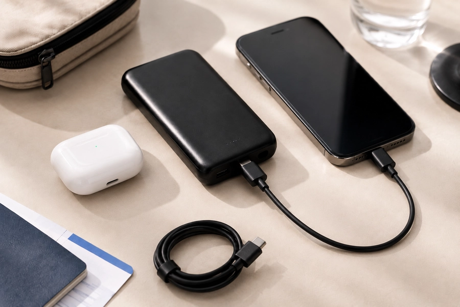 Portable charger connected to a smartphone with one cable, with earbuds case and spare USB-C cable nearby