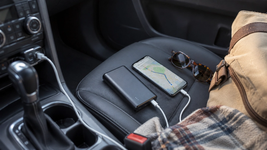 Smartphone with navigation and a portable charger on a car passenger seat during a road trip