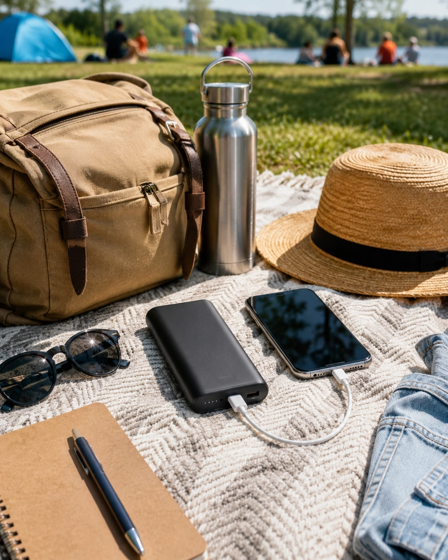 Portable charger and smartphone on a picnic blanket with outdoor travel essentials