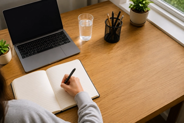 Student writing in a notebook at a clear desk with a laptop and open working space