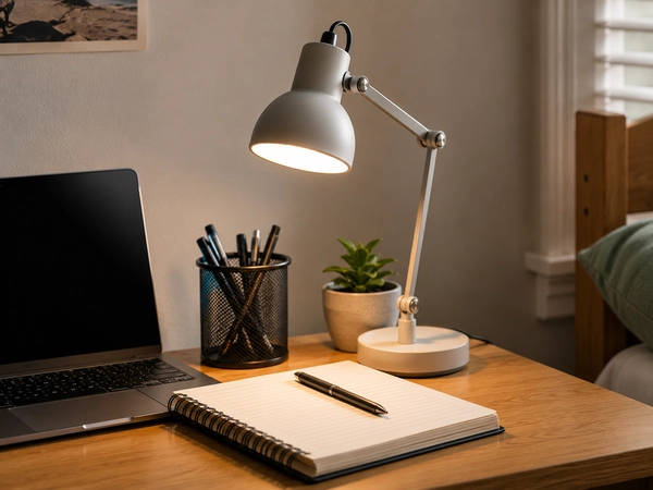 Compact adjustable desk lamp lighting a notebook beside a laptop on a small student desk