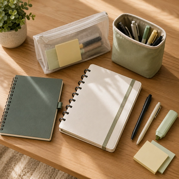 Simple student stationery setup with notebooks, planner, pens, highlighter, sticky notes, and a small organizer