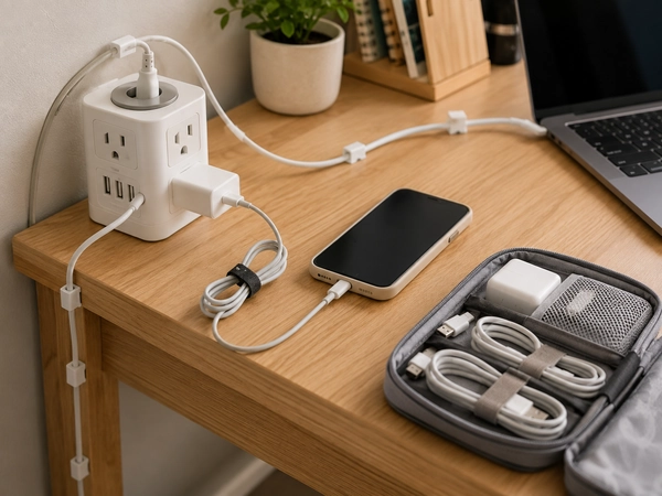 Organized student charging setup with a phone cable, laptop charger, cable clips, and a portable cable pouch