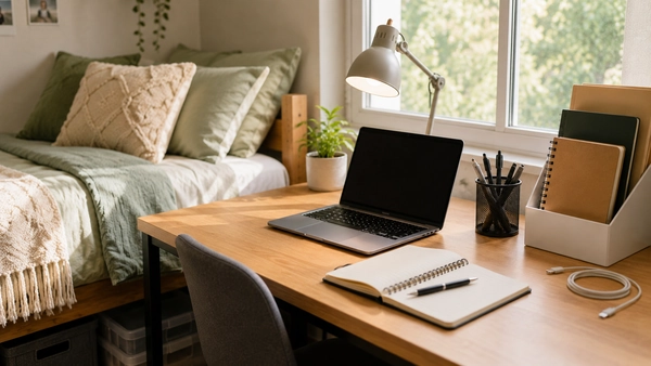 Practical back-to-school student desk setup in a small dorm room with a laptop, notebook, lamp, and organized study supplies