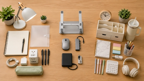 Student desk essentials, optional laptop accessories, stationery, and extra organizers arranged in separate groups