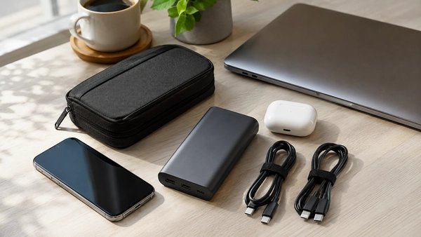Portable tech kit with a laptop, phone, power bank, charging cables, earbuds, and a compact organizer on a desk