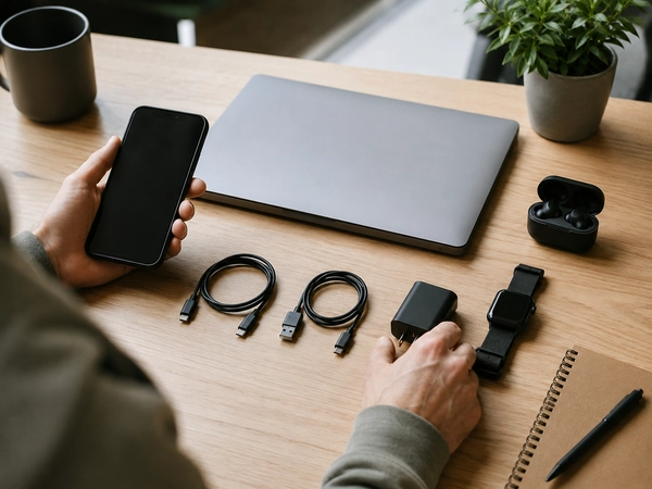 Person reviewing a phone, laptop, smartwatch, earbuds, chargers, and cables before building a portable tech kit
