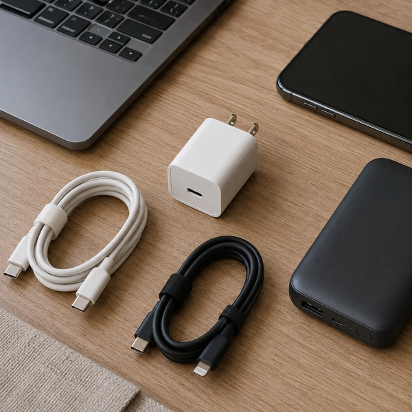 USB-C wall charger, charging cables, power bank, laptop, and phone arranged to compare charging compatibility
