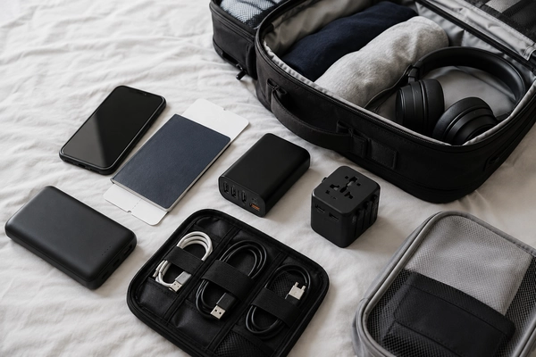 Organized international travel tech kit with a power bank, plug adapter, charging cables, passport, phone, and headphones